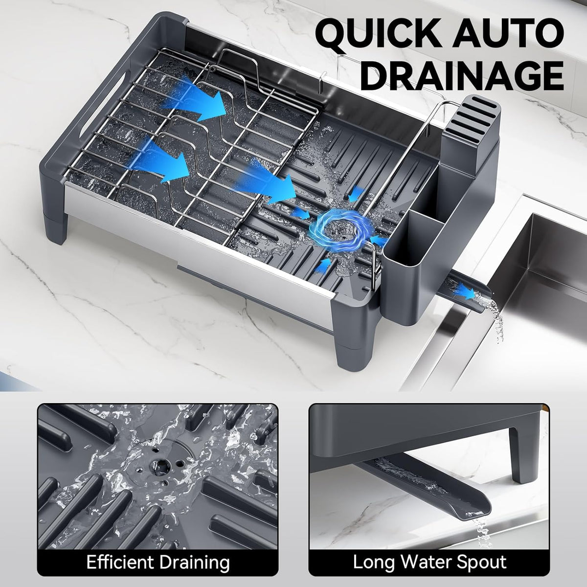 Expandable Dish Drying Rack, Stainless Steel Dish Rack with Aluminum Frame, Dish Drainer for