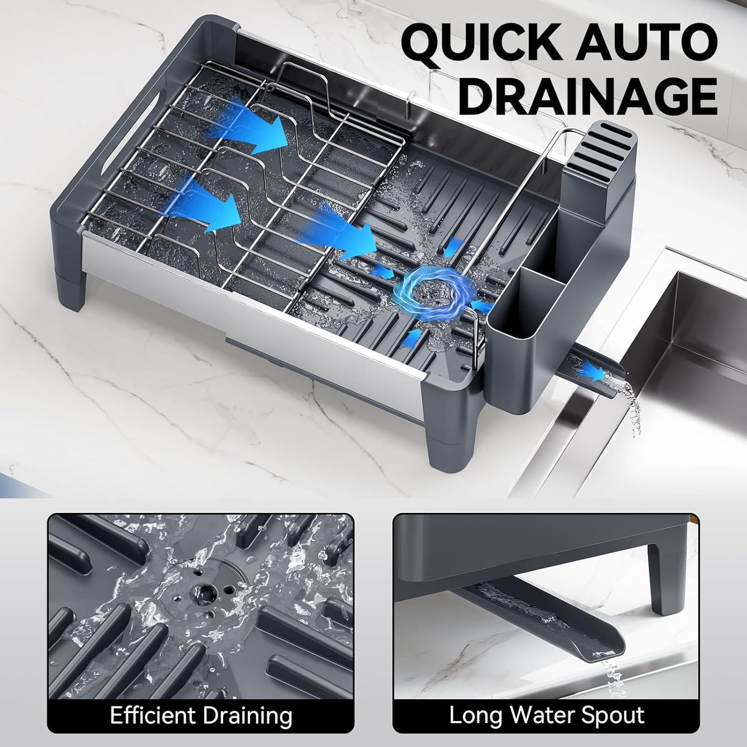 Expandable Dish Drying Rack, Stainless Steel Dish Rack with Aluminum Frame, Dish Drainer for