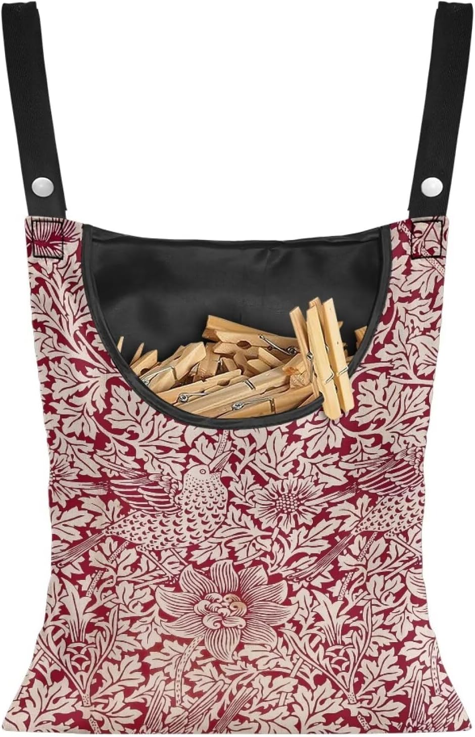 Strength Clothespin Bag 14.5x12 Inches - Vintage Bird Flower Red Print Commercial Quality Storage