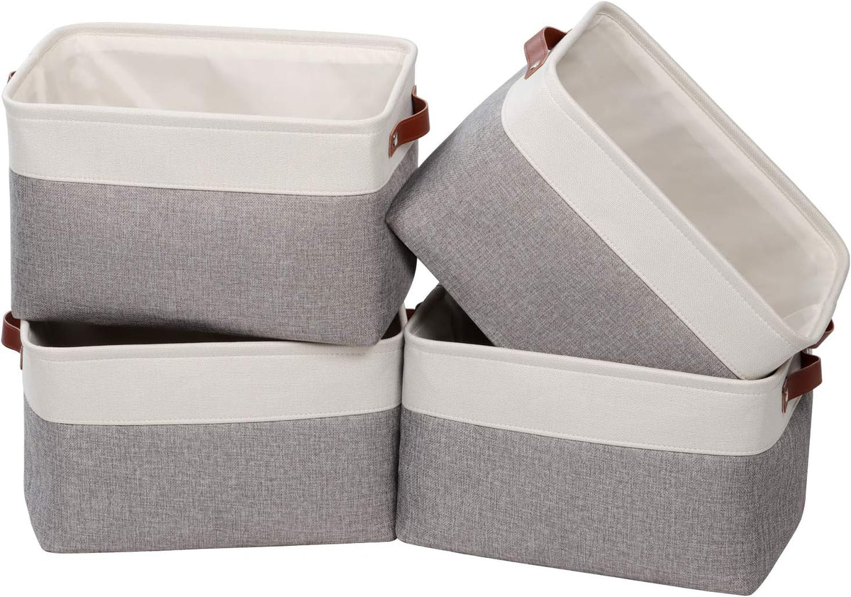Univivi 15 inch Large Storage Baskets 4PC Gray Hard Bottom Foldable Storage Bins with PU Handles