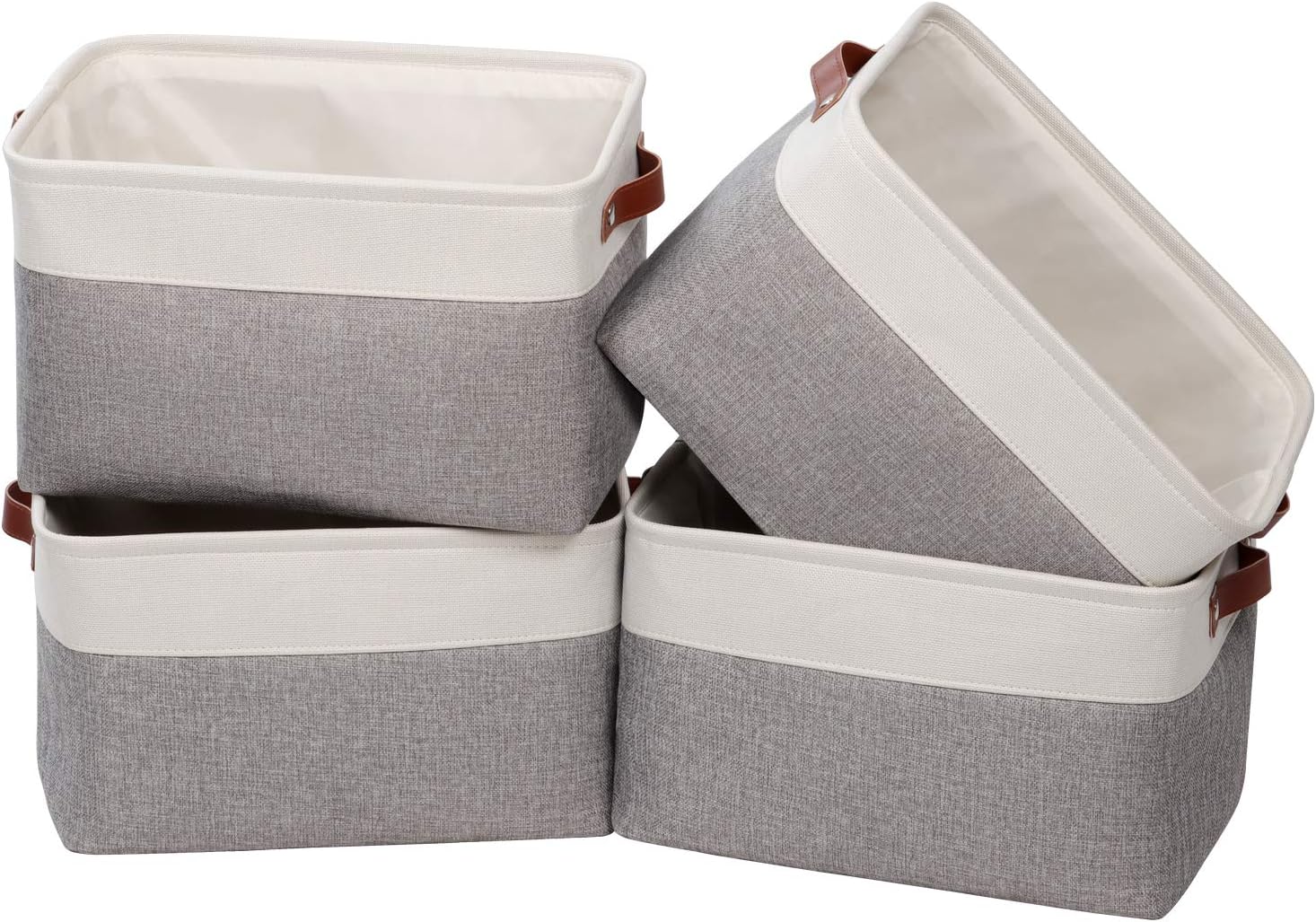 Univivi 15 inch Large Storage Baskets 4PC Gray Hard Bottom Foldable Storage Bins with PU Handles