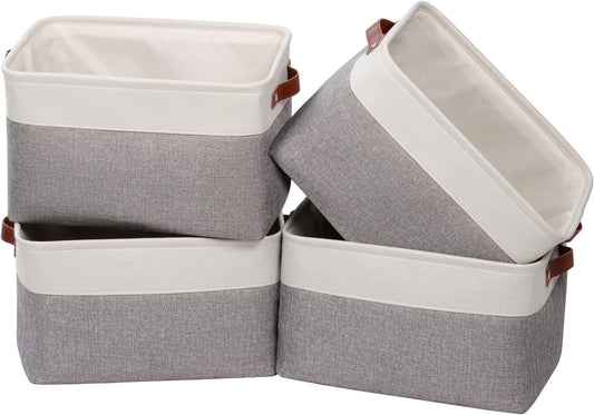 Univivi 15 inch Large Storage Baskets 4PC Gray Hard Bottom Foldable Storage Bins with PU Handles