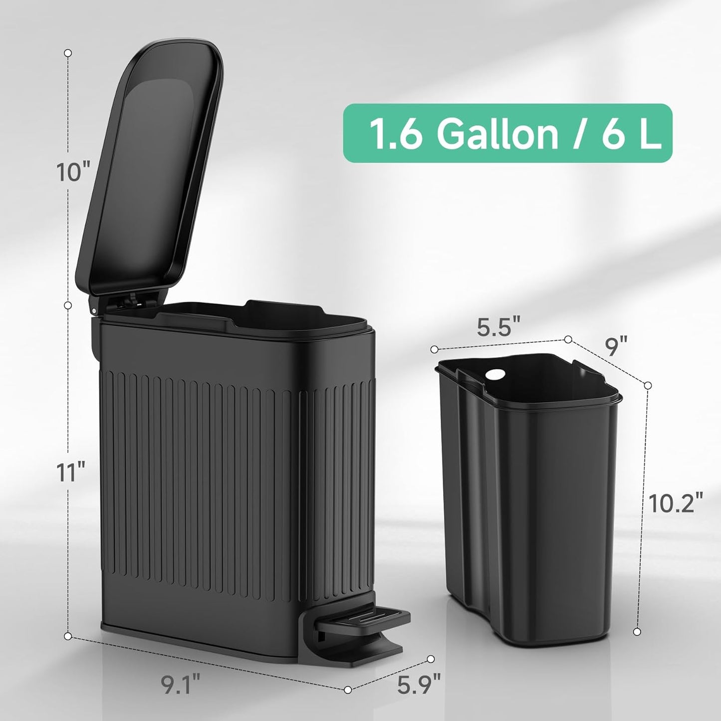 TIPGO Slim Bathroom Trash Can with Lid Soft Close, Step Pedal, 6 Liter / 1.6 Gallon Stainless Steel