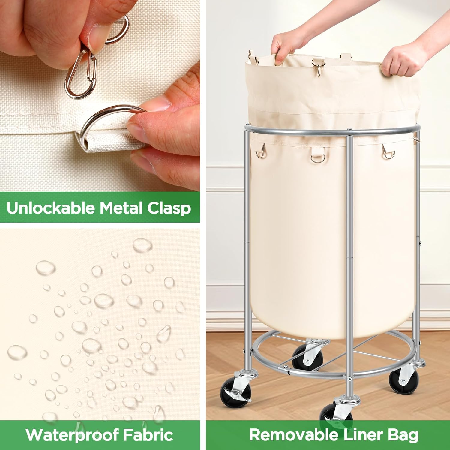Laundry Hamper with Wheels, 100L Round Rolling Laundry Basket Sorter with Removable Bag, Clothes