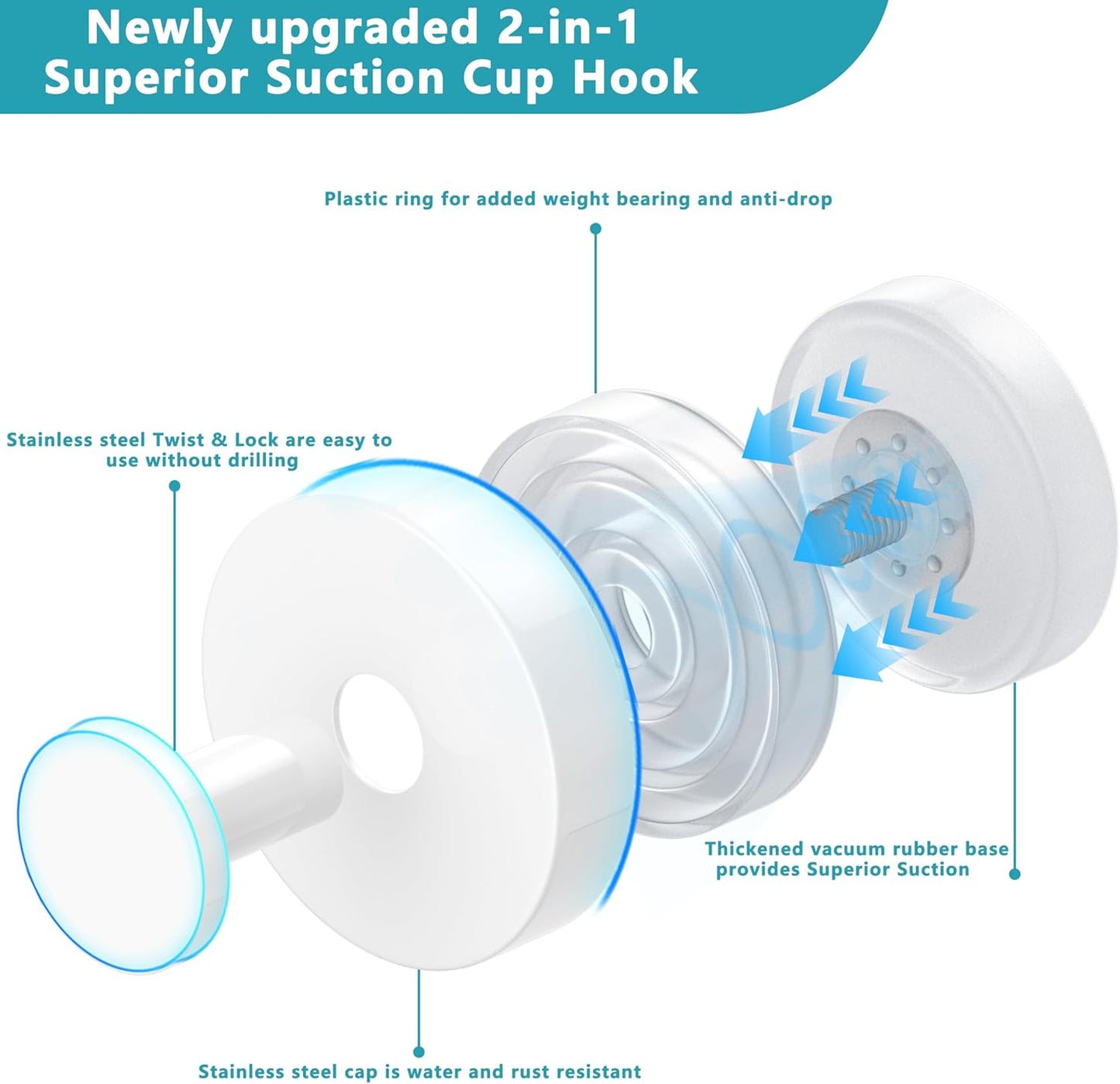 Suction Cup Hooks for Shower,Removable No Drill Towel Hooks,Upgraded 15 lbs Strong Suction hooks