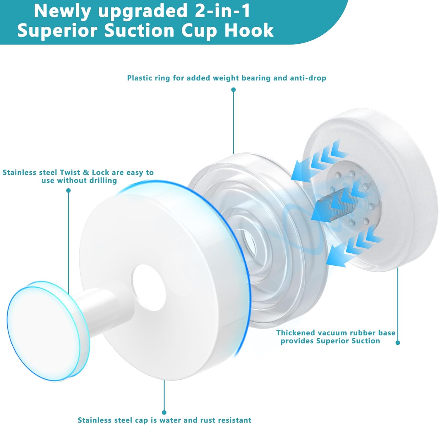 Suction Cup Hooks for Shower,Removable No Drill Towel Hooks,Upgraded 15 lbs Strong Suction hooks