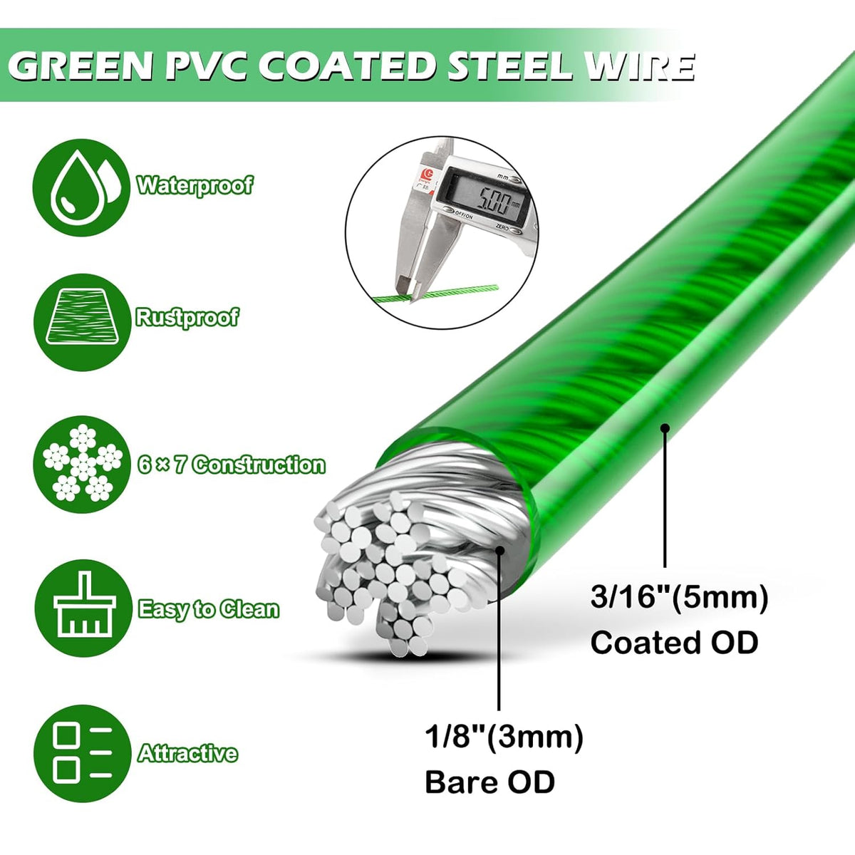 100 Ft Turnbuckles for Cables Wire, 3/16" Green PVC Coated Wire Rope Kit, Multi-use Steel Cable for