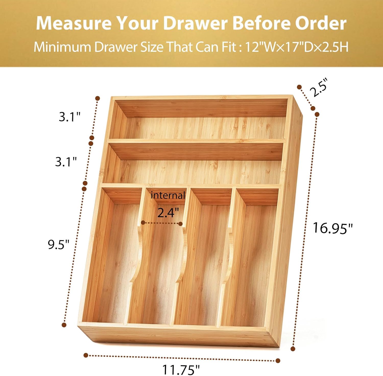 Umilife Kitchen Drawer Organizer, 12 Inch Silverware Utensil Tray Holder, Extra Deep, with Non-Slip