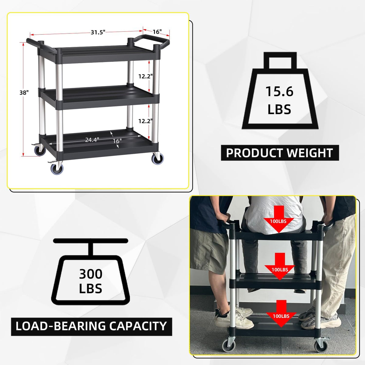 Plastic Utility Carts with Wheels, 3-Tier Rolling Service Cart, 300 lbs Heavy Duty Capacity with 4