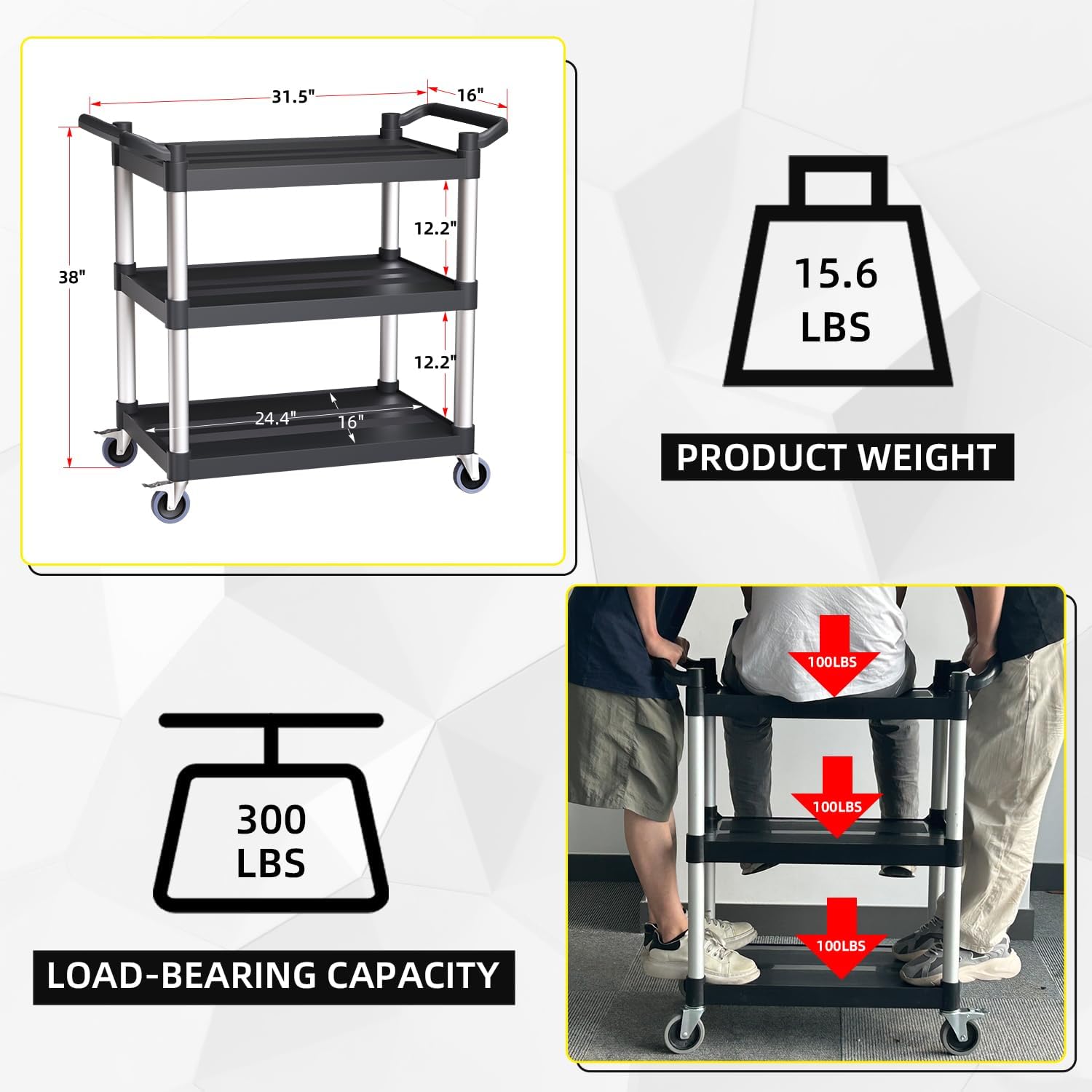 Plastic Utility Carts with Wheels, 3-Tier Rolling Service Cart, 300 lbs Heavy Duty Capacity with 4