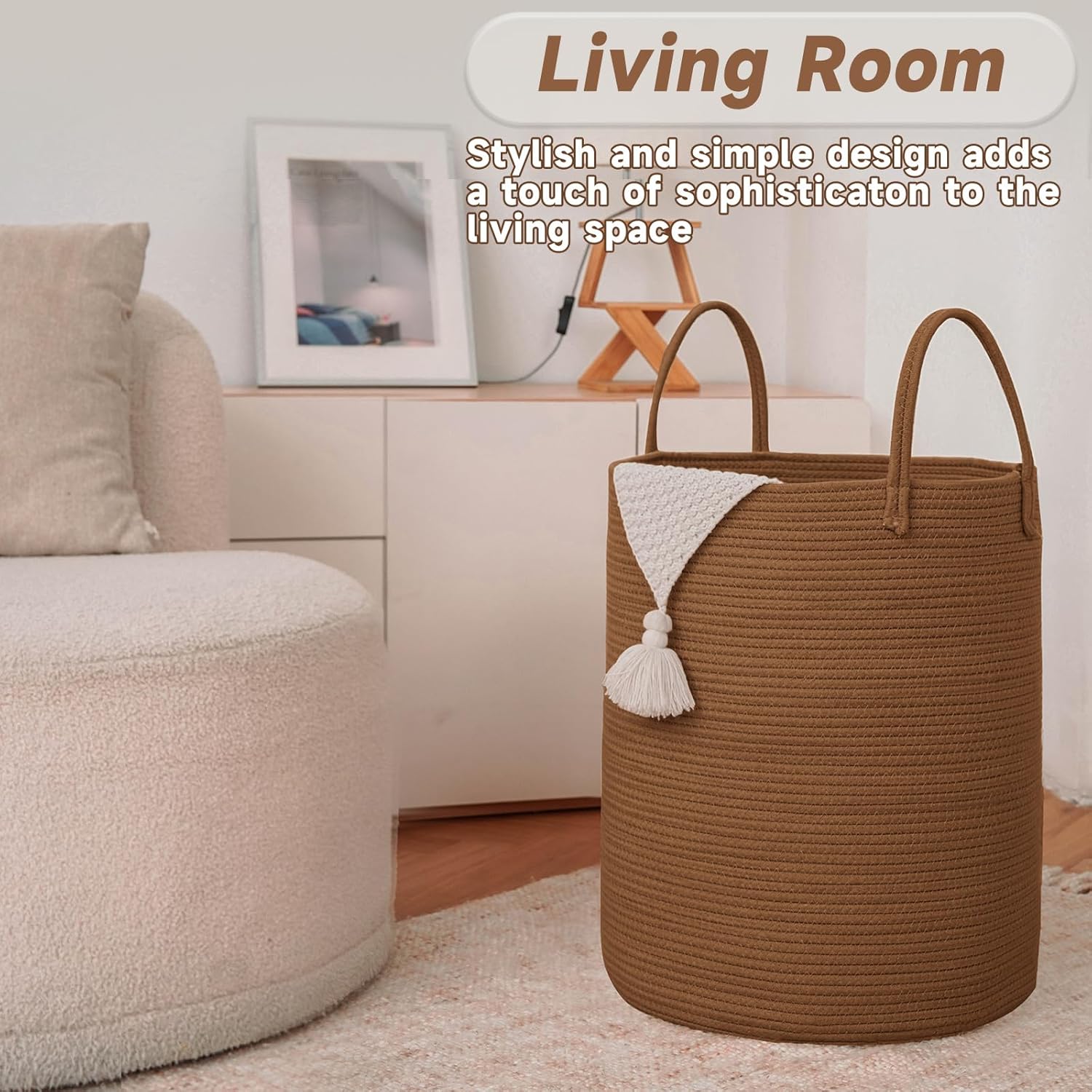 Large Woven Laundry Basket Hamper,60L Cotton Rope Storage Bin for Blankets,Toys and