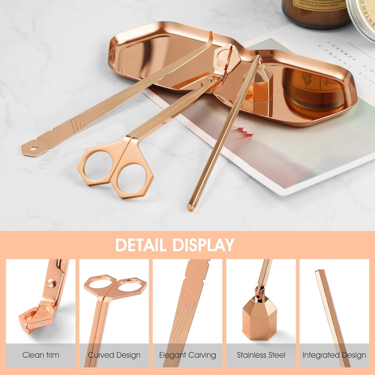 PATOISE 4 in 1 Candle Accessory Set, Wick Trimmer, Candle Snuffer, Wick Scoop,Storage Tray,Perfect
