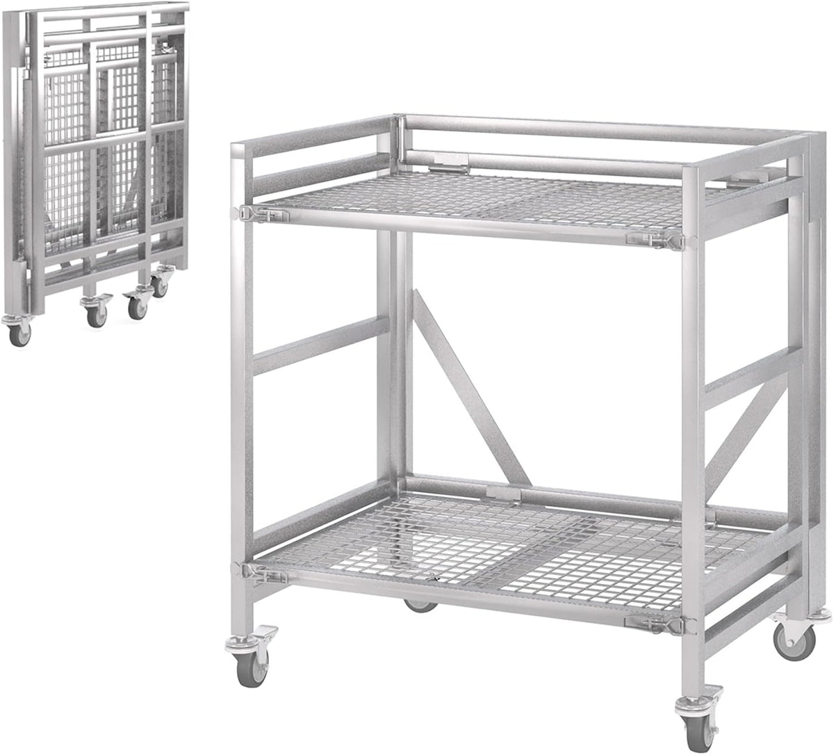 2 Shelf Rolling Cart with Wheels, 660lbs Capacity Collapsible Steel Rolling Utility Cart