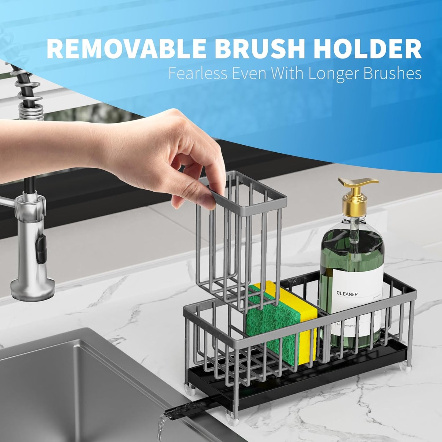 Cisily Light Gray Sponge Holder for Kitchen Sink, Sink Caddy Organizer with High Brush Holder