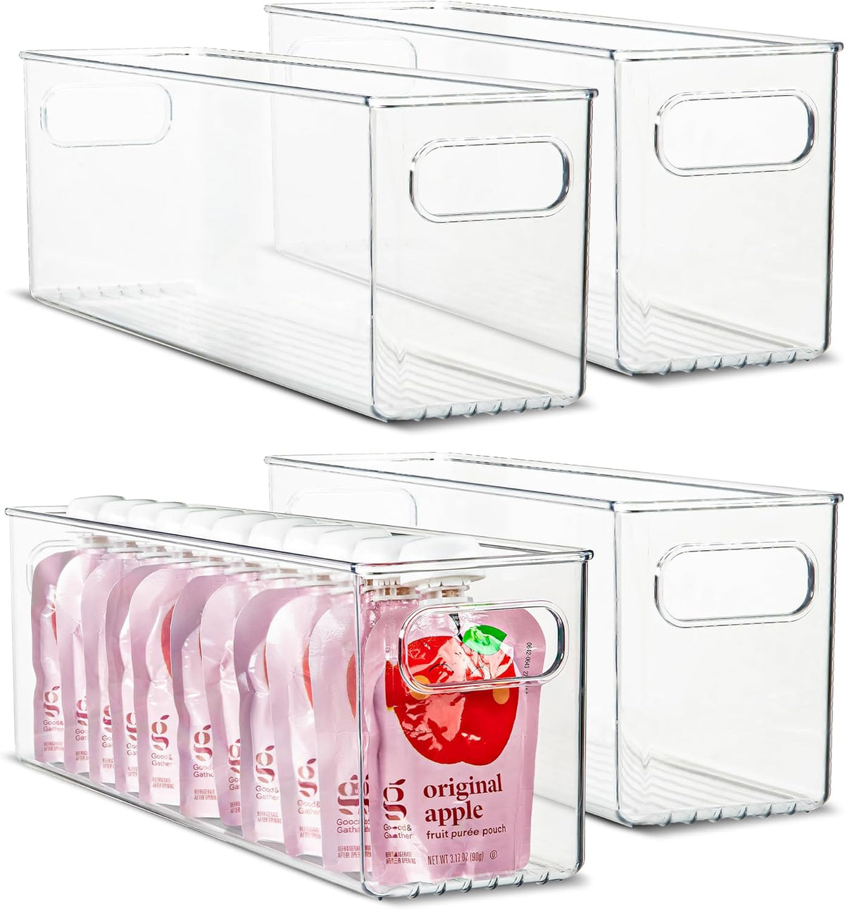 Plastic Food Storage 4 Pack Clear Container Bin with Handles for Organizing Kitchen, Pantry