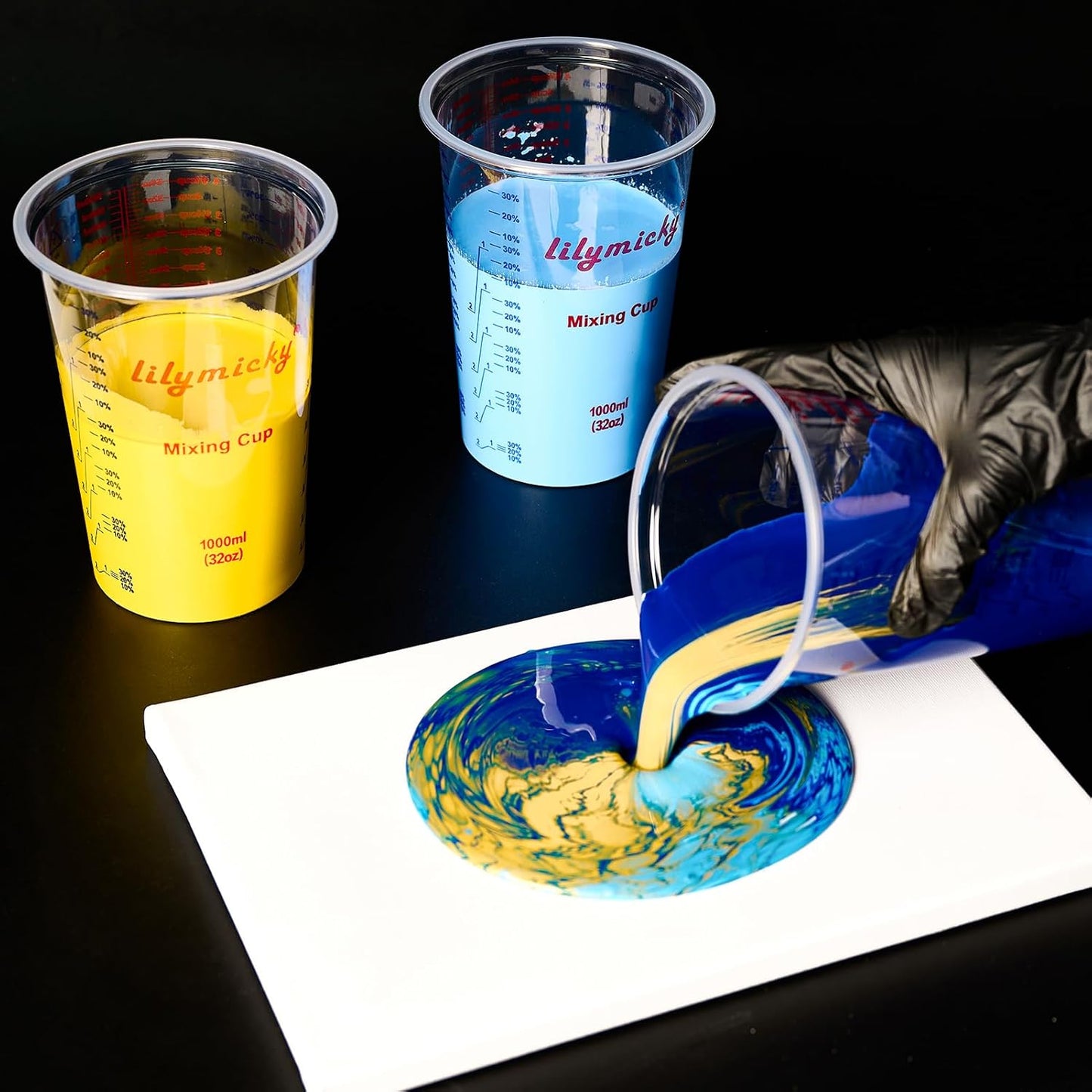 50 PACK Plastic Measuring Cups, 32 oz (1000ml) Disposable Mixing Cups, Measurement ratios: 2:1