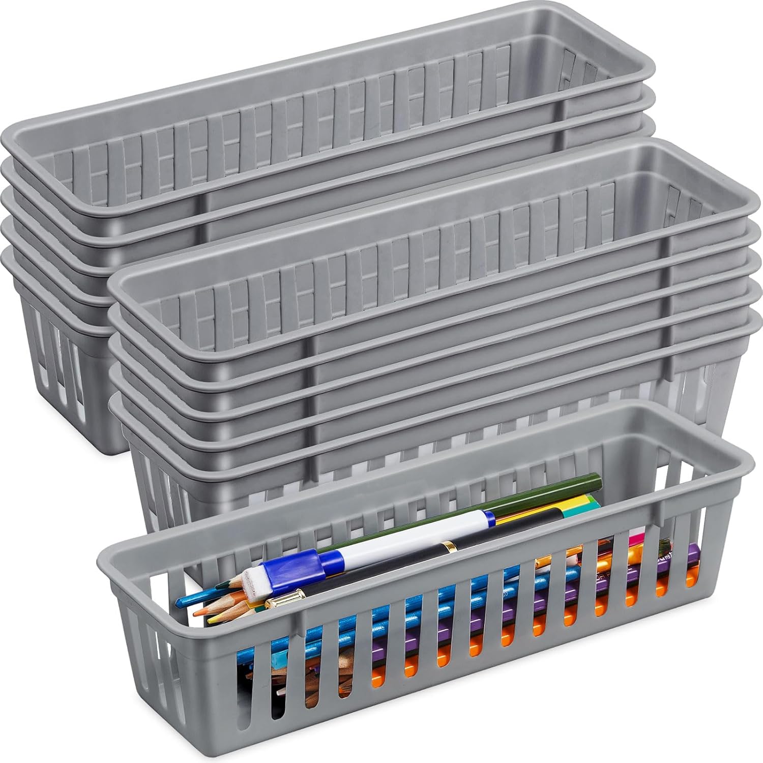 Domensi 12 Pack Slim Plastic Storage Baskets Tray for Organizing 10.25 x 3.25 x 2.5 Inch Small