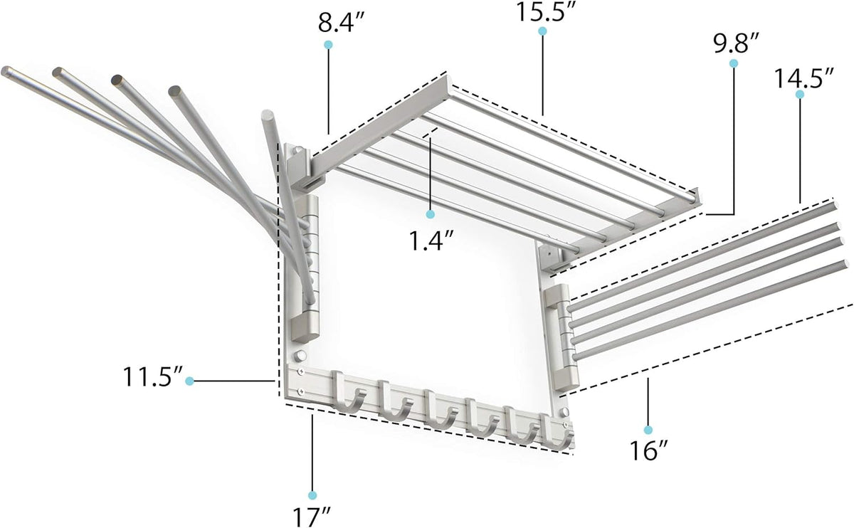 brightmaison BGT Wash Clothes Drying Rack Wall Mount Laundry Room Organizer with Hooks & Swing