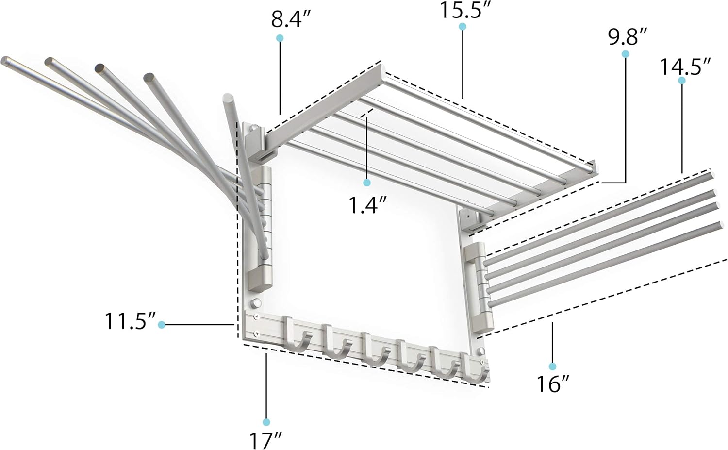 brightmaison BGT Wash Clothes Drying Rack Wall Mount Laundry Room Organizer with Hooks & Swing