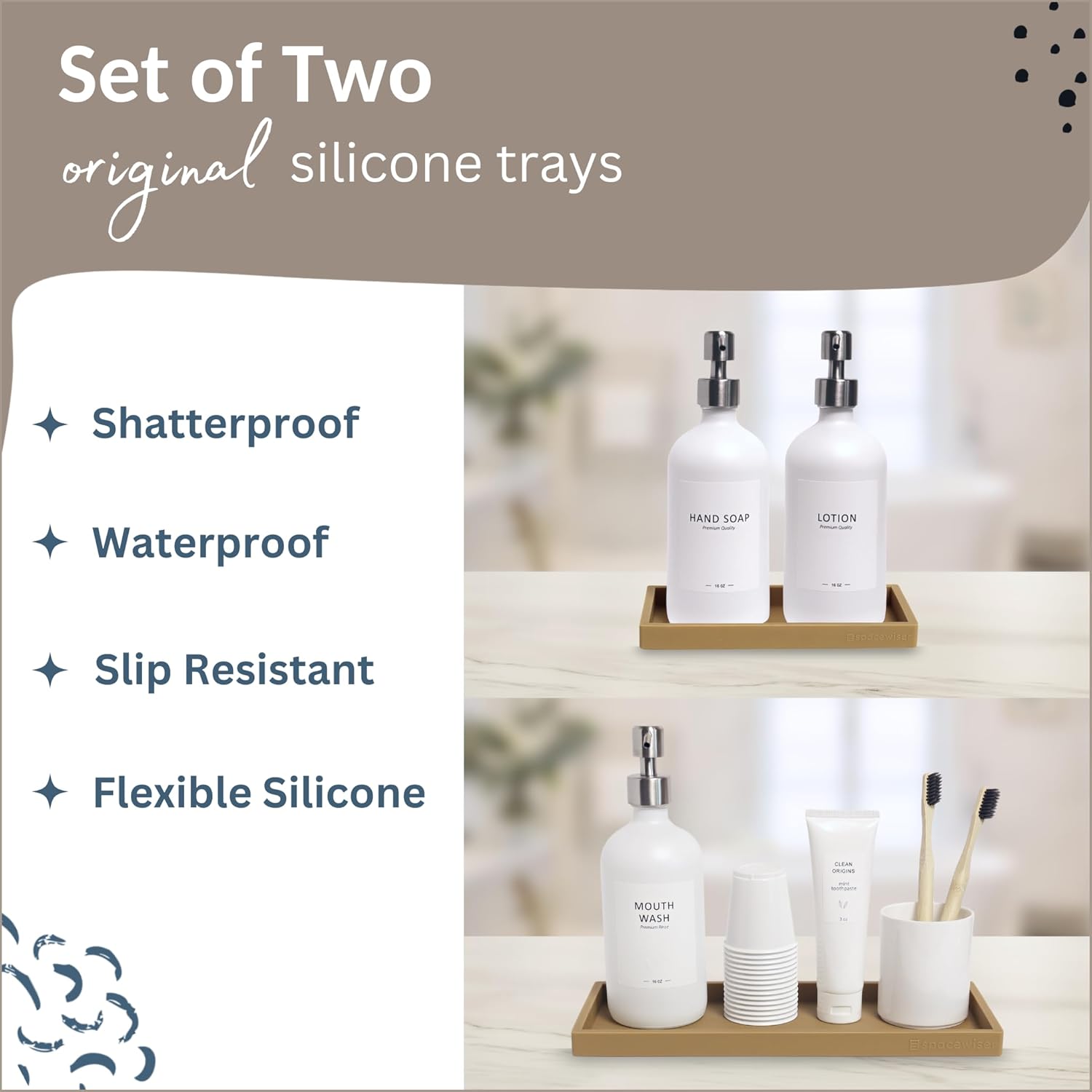 Countertop and Vanity Tray - 2 PC (11” and 7”) Shatterproof Silicone Kitchen and Bathroom Trays for