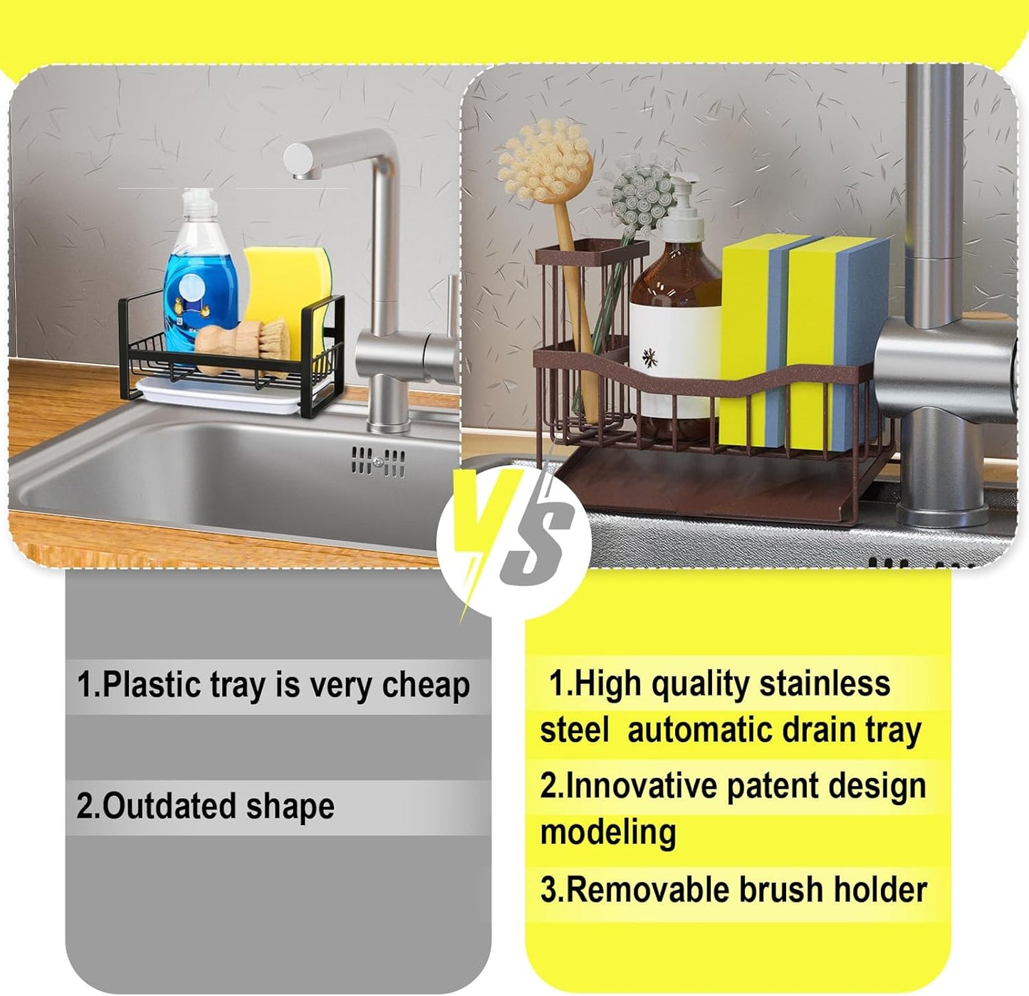 Maifan Sink Caddy Sponge Holder for Kitchen with Brush Holder and Stainless Steel Self Drain Tray