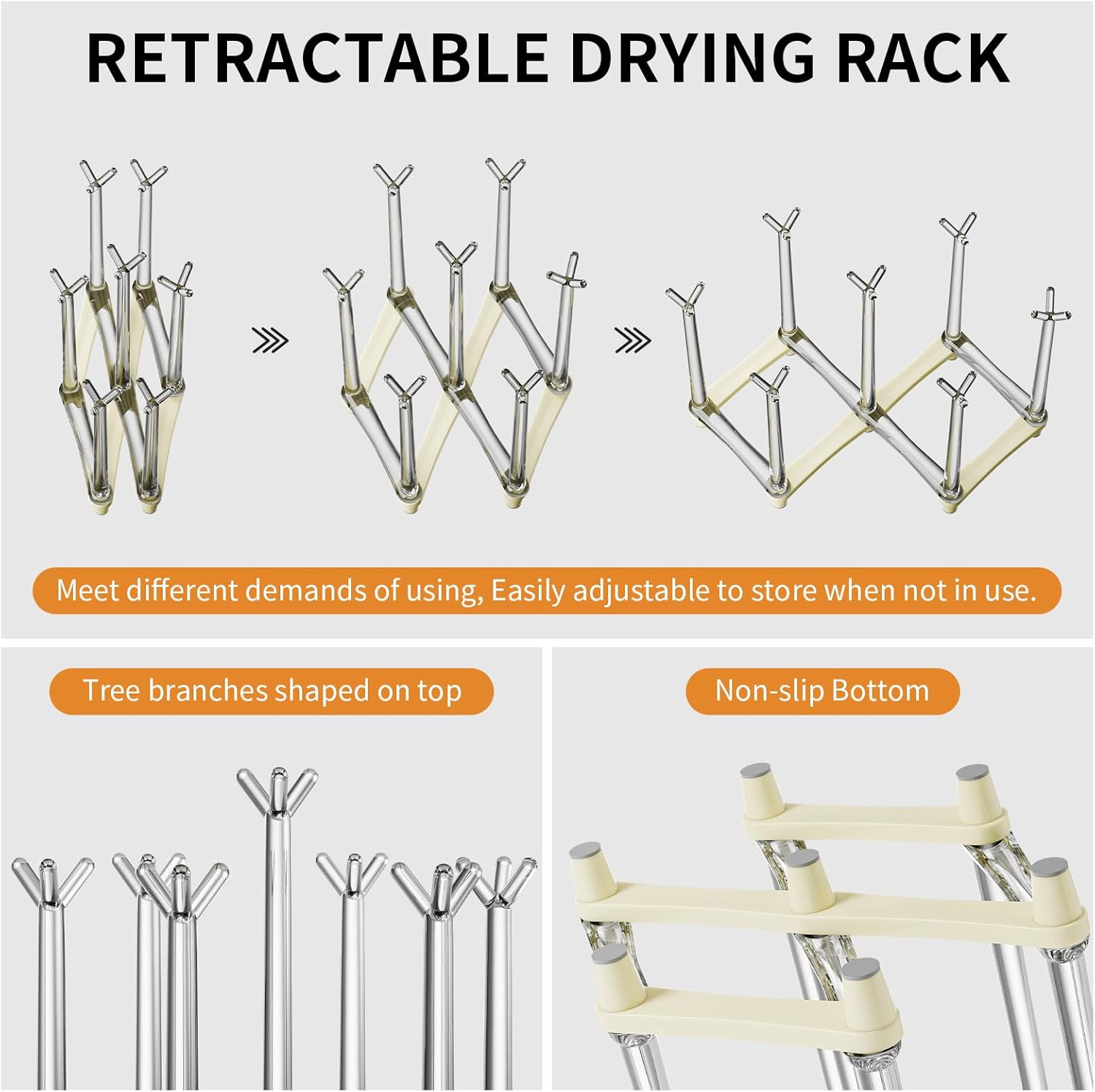 Marbrasse Retractable Cup Drying Rack, Drinking Glass and Sports Bottle Drainer Stand, Plastic Bag