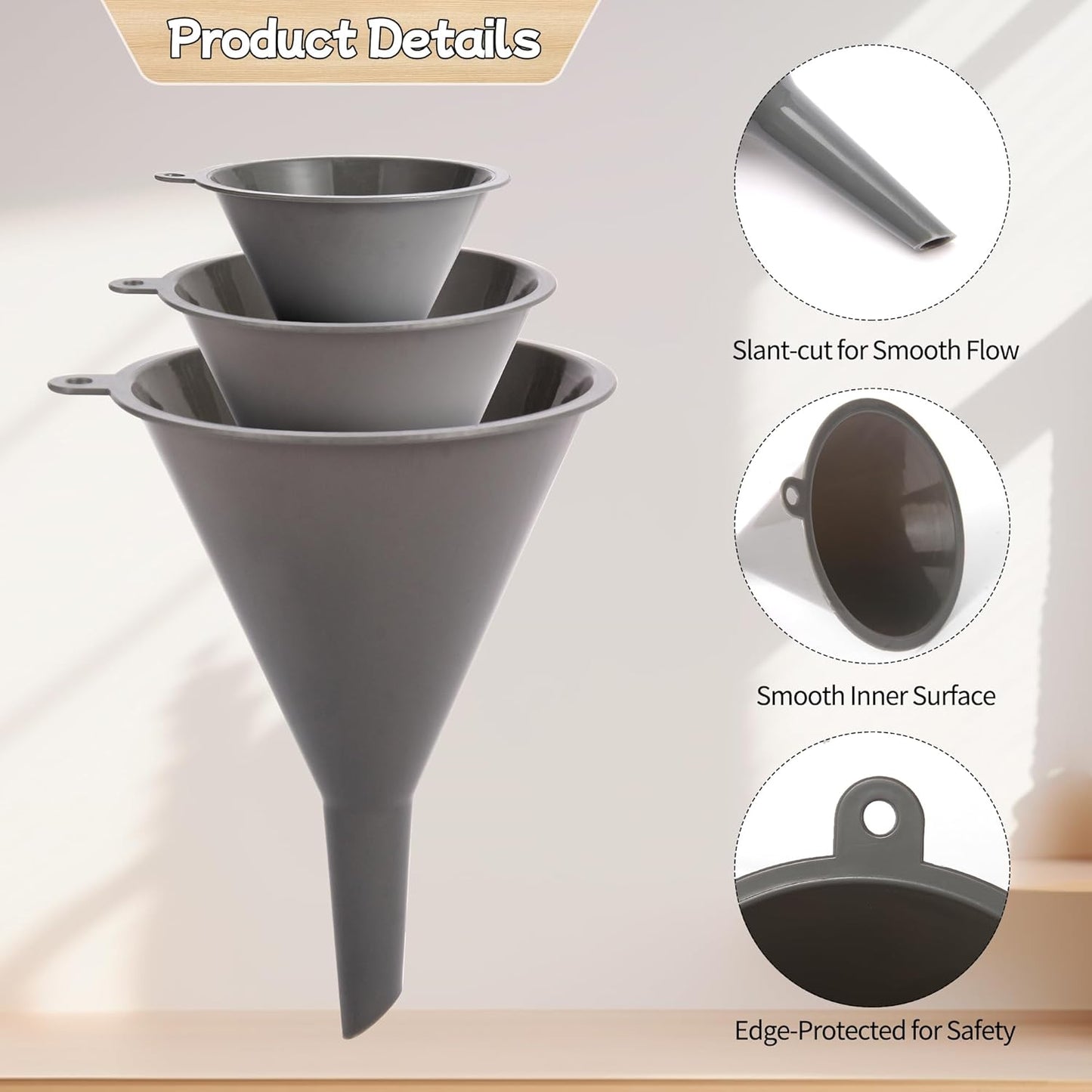 Plastic Kitchen Funnel Set of 3 with Clean Brush, Round Food Funnels for Kitchen Use