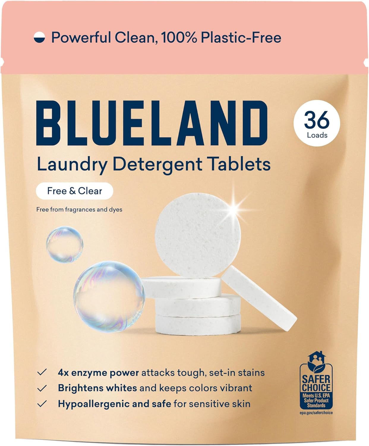 BLUELAND Laundry Detergent Tablets, 36 Count, Plastic-Free Eco-Friendly Pods, Sheets, Liquid