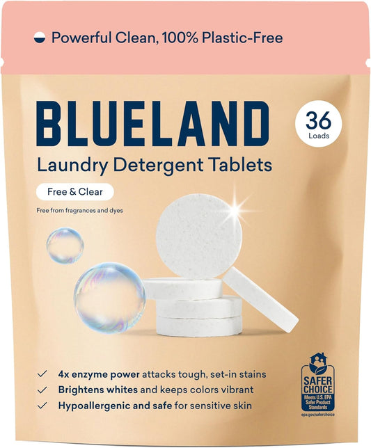 BLUELAND Laundry Detergent Tablets, 36 Count, Plastic-Free Eco-Friendly Pods, Sheets, Liquid