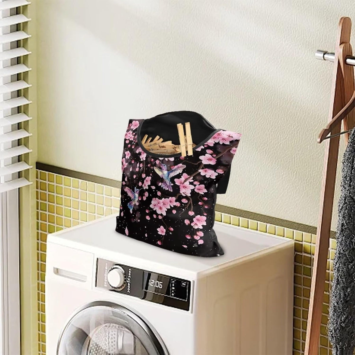 Waterproof Clothespin Bag with Hanger Hook Cherry Blossom Hummingbird - Large Opening Organizer for