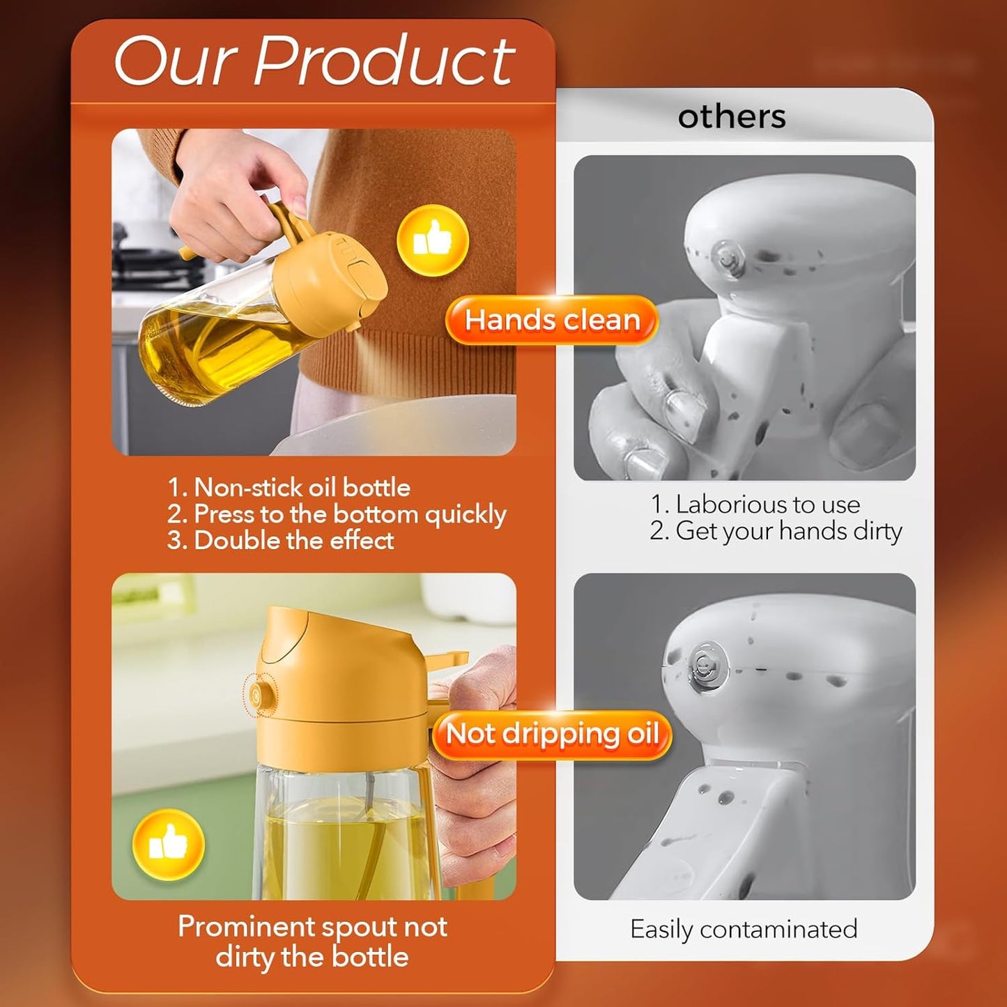 YARRAMATE 2Pcs 16oz/470ml 2 in 1 Oil Sprayer for Cooking with Stickers, Food-grade Glass Oil Spray