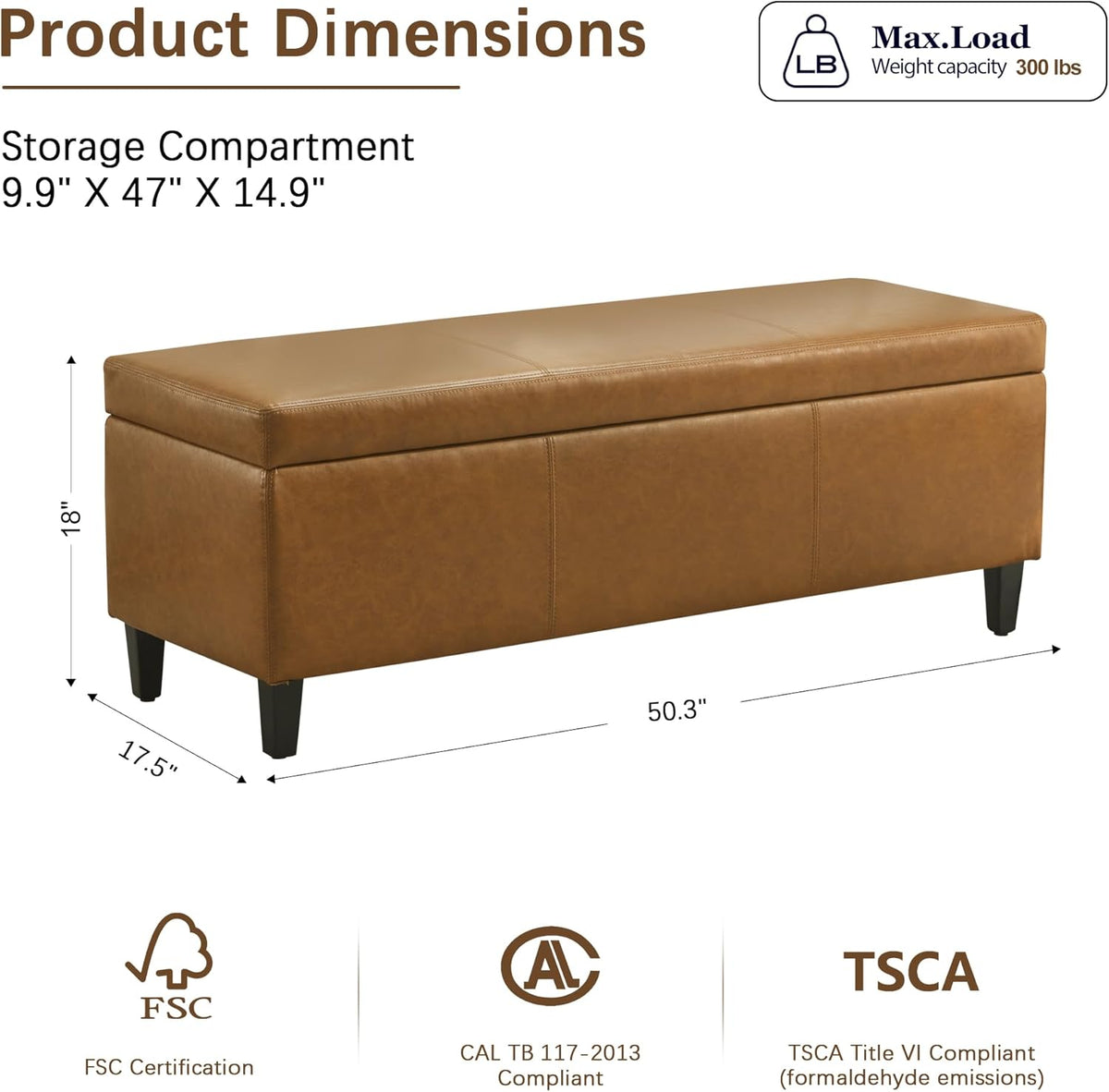 HUIMO Faux Leather Storage Ottoman Bench 50.3 Inch Extra Long PU Upholstered Bedroom Bench with