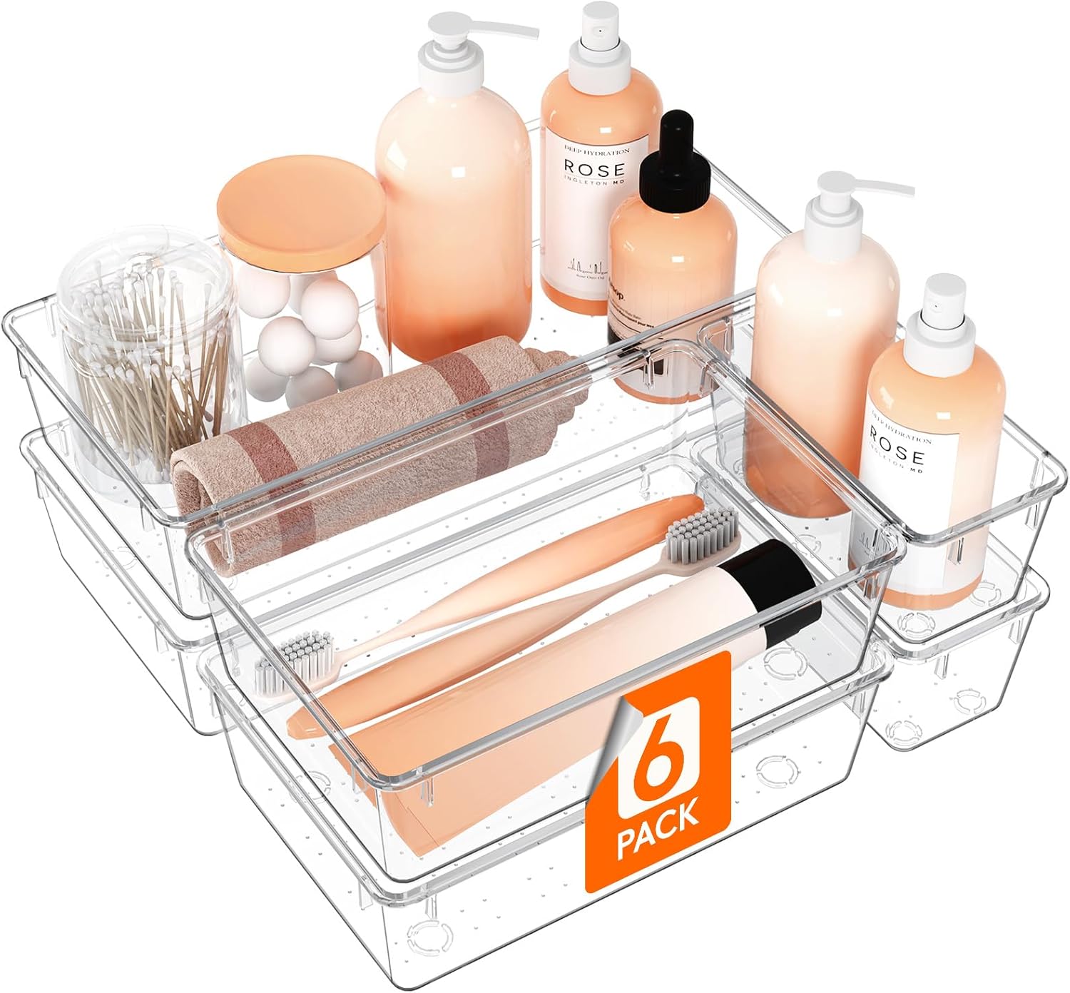 Lifewit 6 Pcs Large Bathroom Drawer Organizers, 3 Sizes Clear Plastic Storage Organizer Trays for