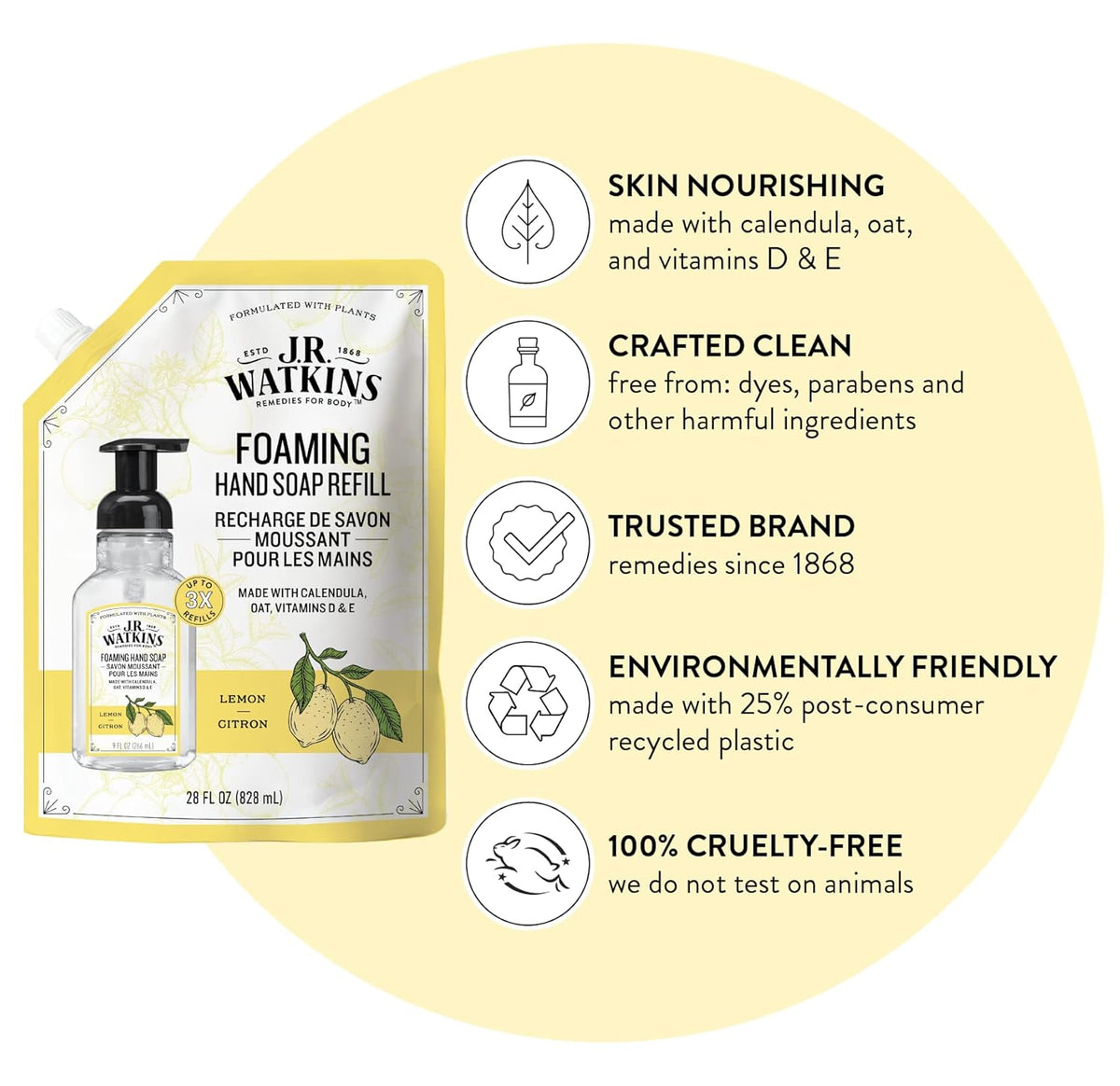 J.R. Watkins Foaming Hand Soap Refills, , Alcohol-Free Hand Wash, Cruelty-Free, , Moisturizing Hand