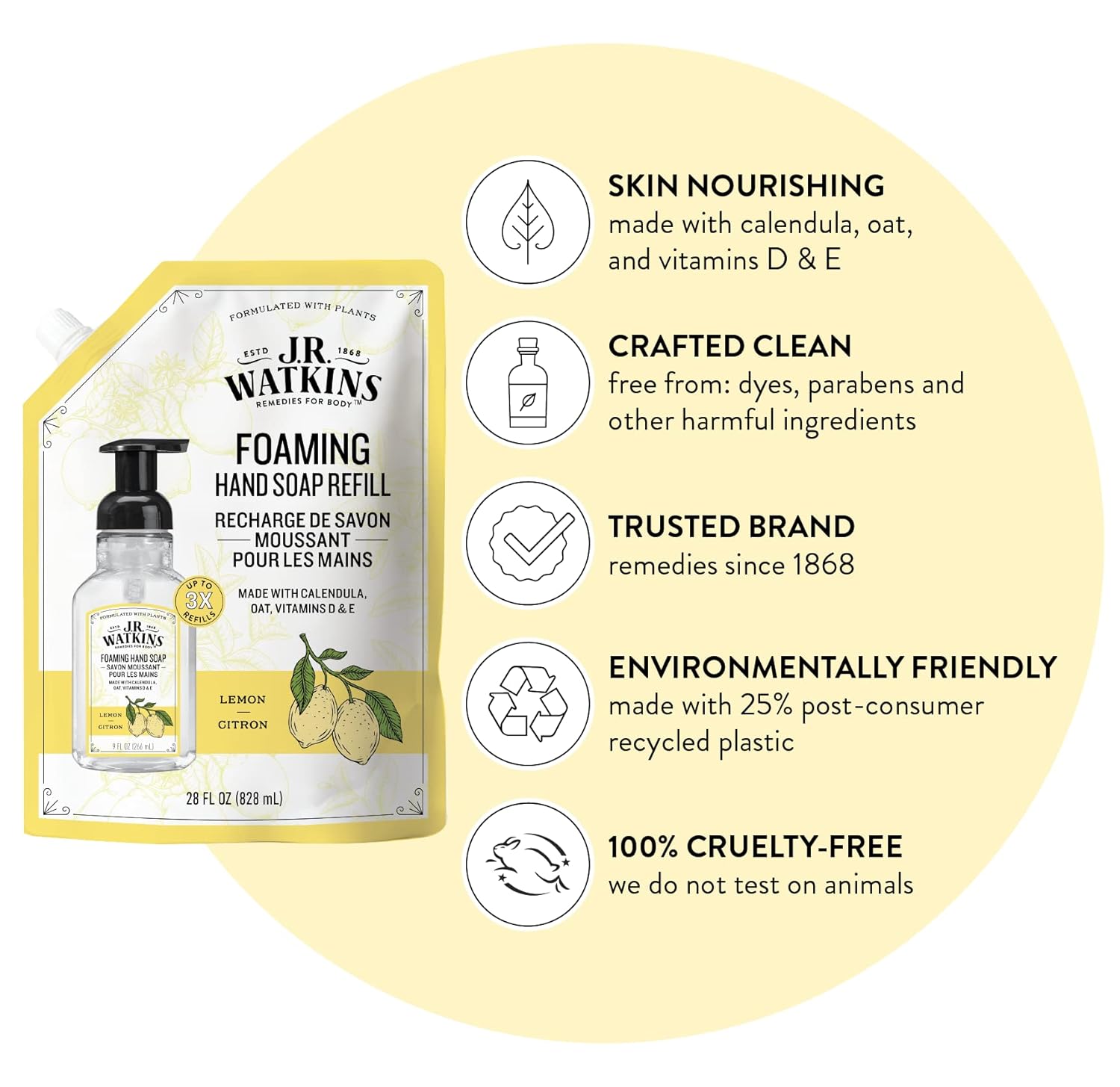J.R. Watkins Foaming Hand Soap Refills, , Alcohol-Free Hand Wash, Cruelty-Free, , Moisturizing Hand