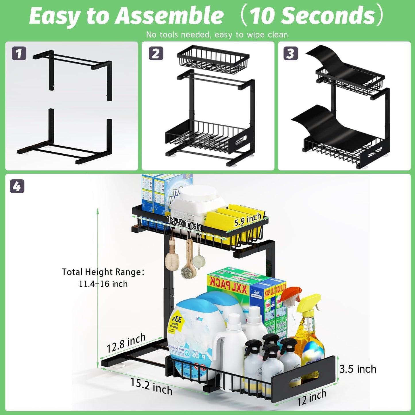 ADBIU Under Sink Organizer(10 Seconds Installation), 2 Packs 2 Tier Expandable Height (11" - 16")