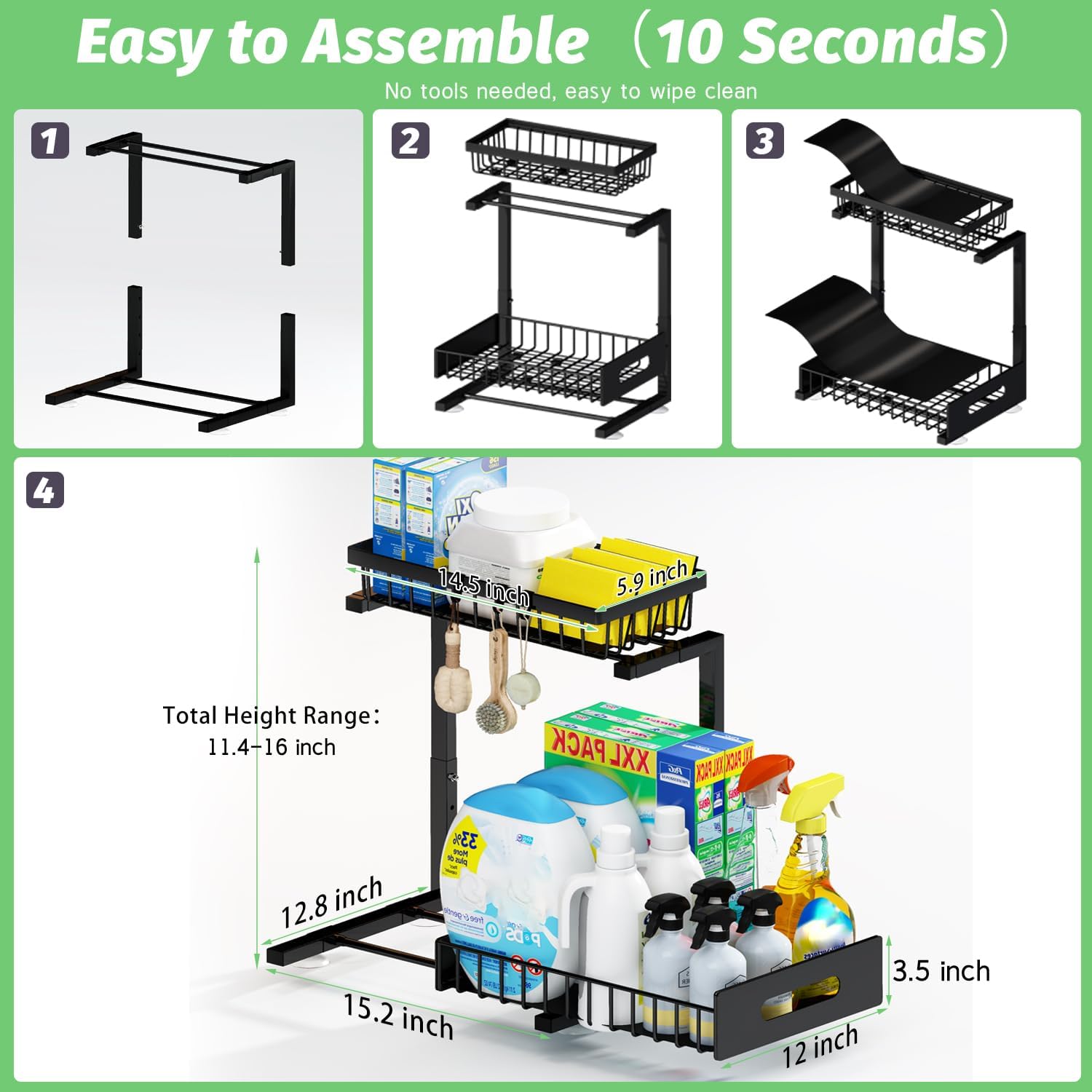 ADBIU Under Sink Organizer(10 Seconds Installation), 2 Packs 2 Tier Expandable Height (11" - 16")