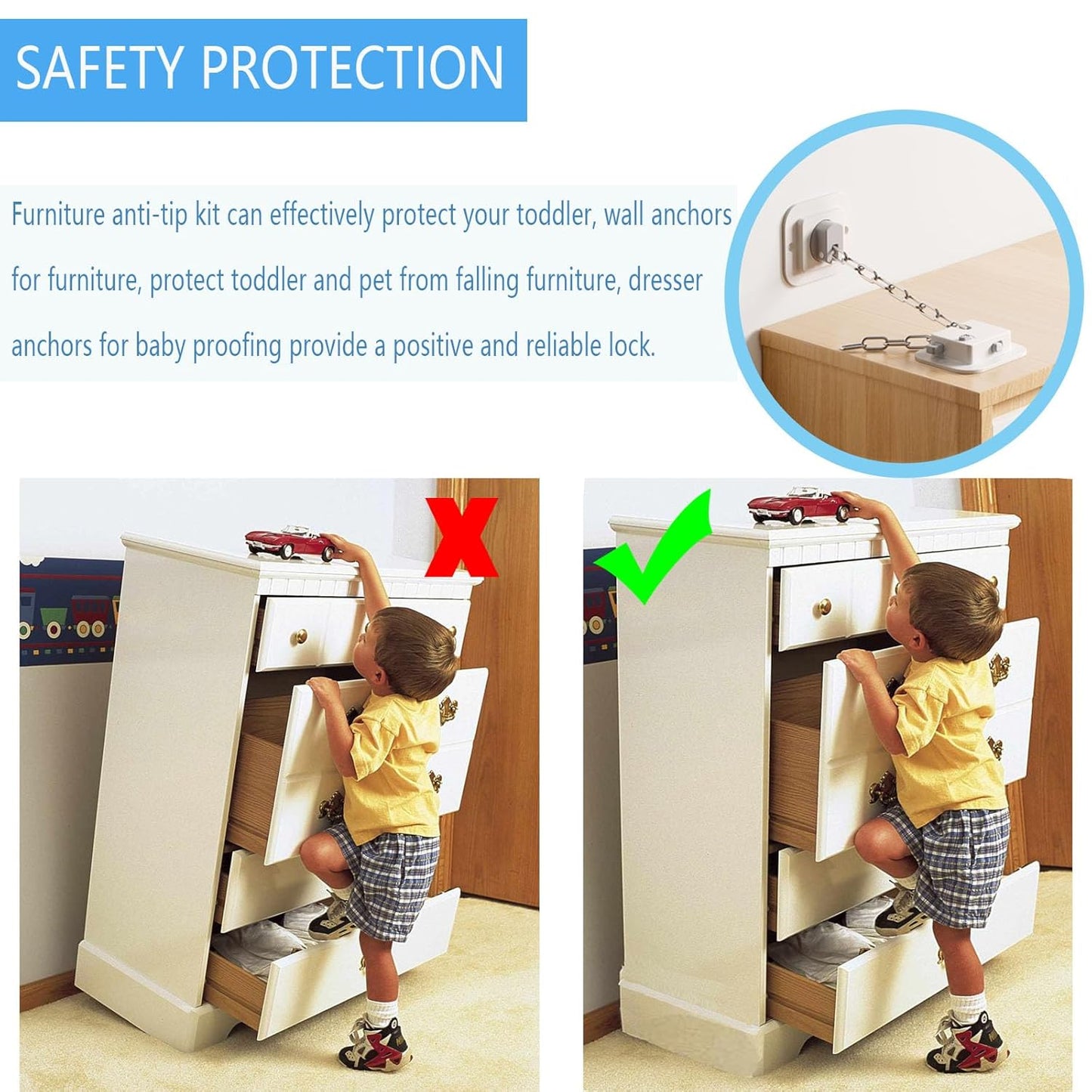 YEYA Anti-Tip No Drill Furniture Anchor with 3M Adhesive 10" Adjustable Straps, Baby Proofing Wall