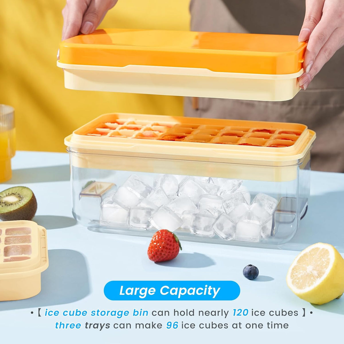 PHINOX Ice Cube Tray with Lid and Bin, 3 Pack Plastic Ice Cube Tray Molds, 96(4 * 8 * 3) pcs Ice