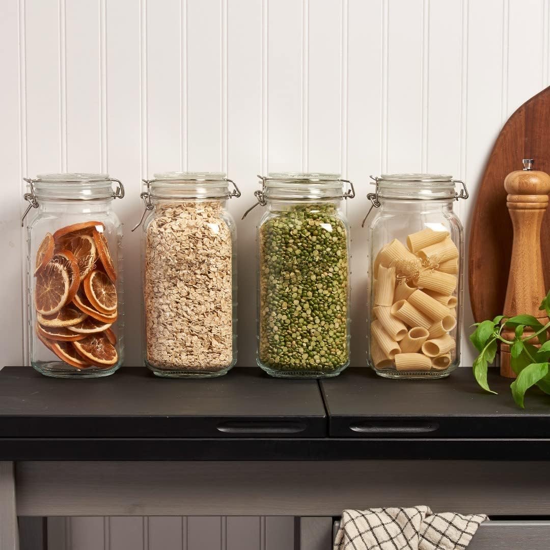 4 Glass Food Storage Jars with Airtight Lids + Chalkboard & Marker, Kitchen Canisters for Flour
