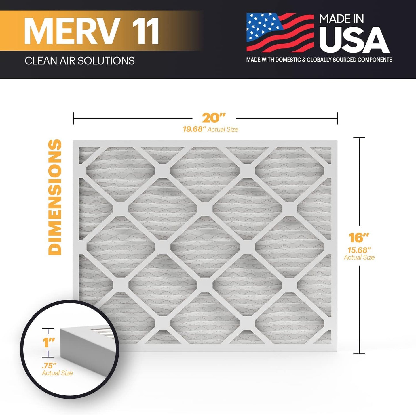 BNX TruFilter 16x20x1 Air Filter MERV 11 (6-Pack) - MADE IN USA - Allergen Defense Electrostatic