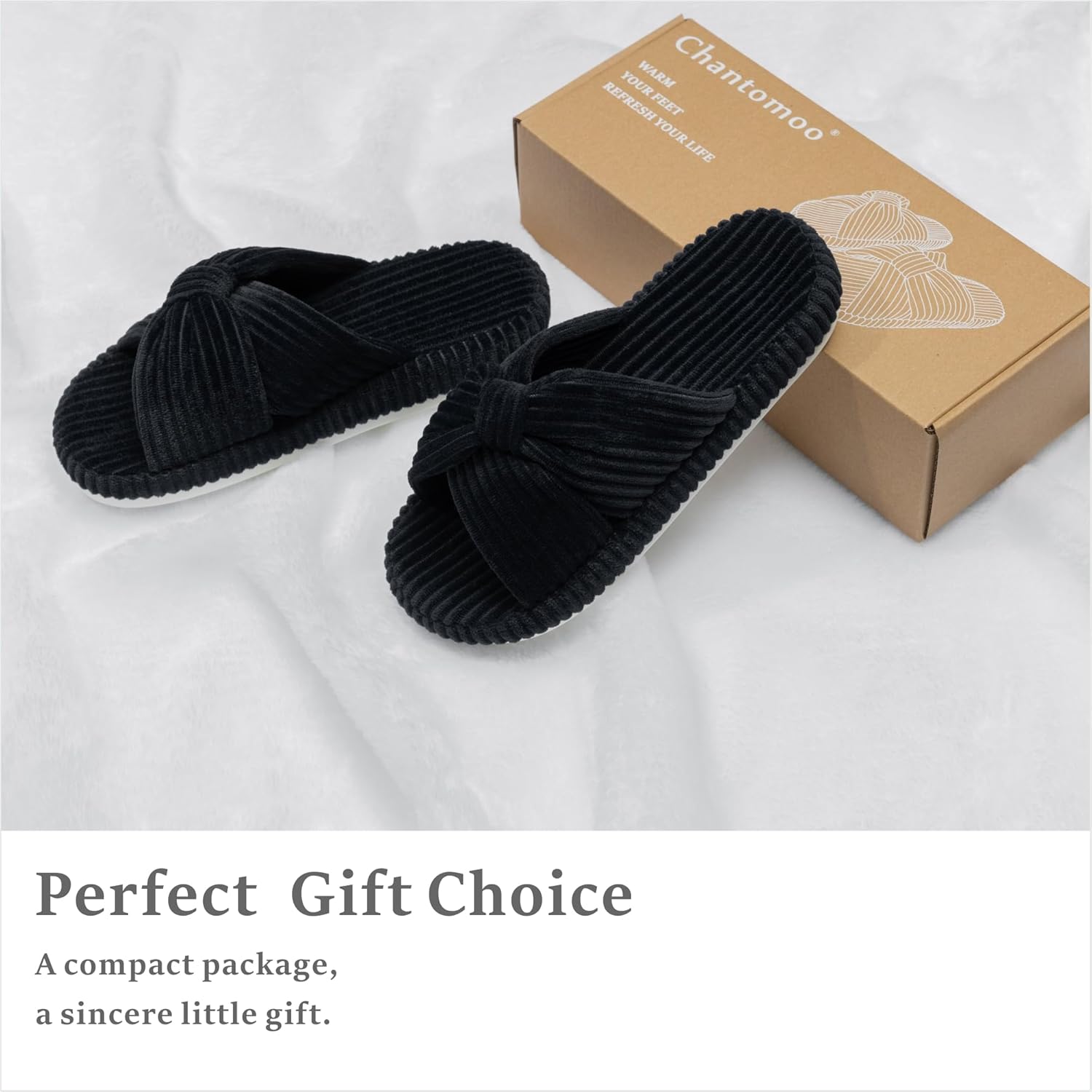 Chantomoo Slippers for Women Memory Foam House Bedroom Corduroy Bow Crossbands Slide Slipper Shoes