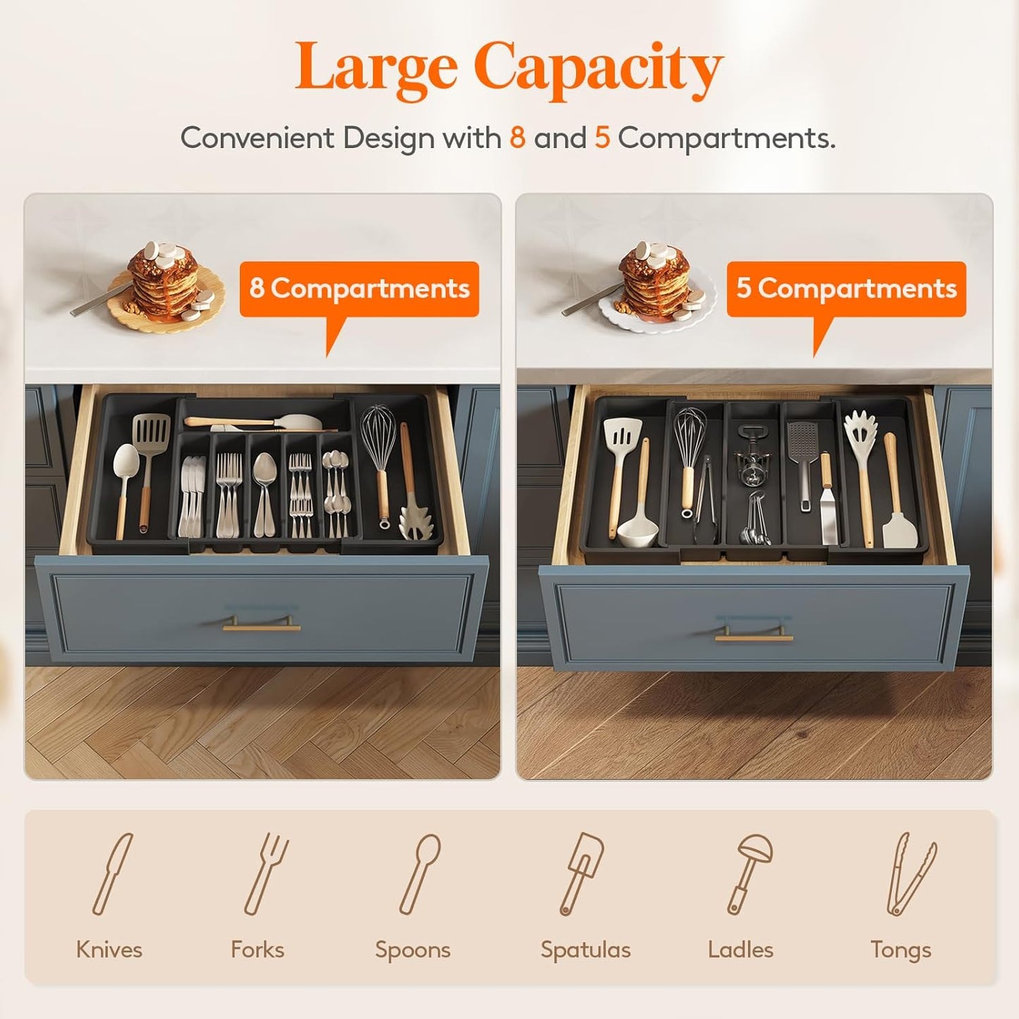 Lifewit Silverware Drawer Organizer and Utensil Organizer Set, Expandable Cooking Cutlery Tray for