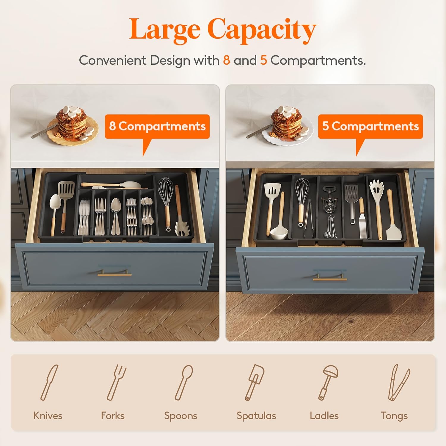 Lifewit Silverware Drawer Organizer and Utensil Organizer Set, Expandable Cooking Cutlery Tray for