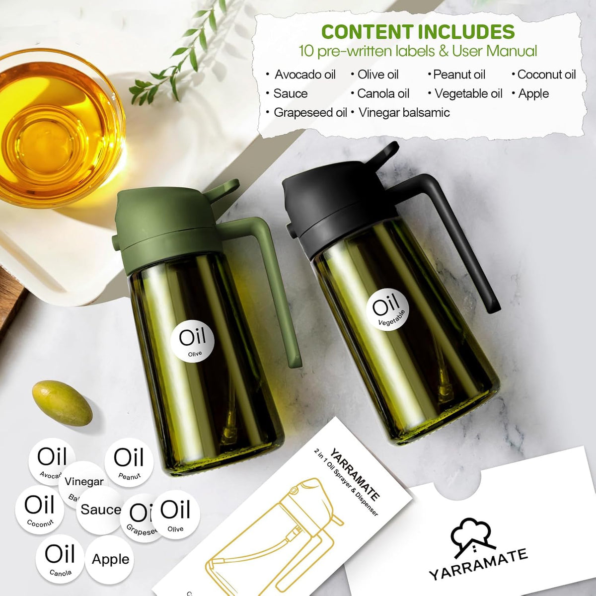 YARRAMATE 16oz/470ml Dark Green Oil Sprayer for Cooking with Stickers, Food-grade Premium 2 in 1