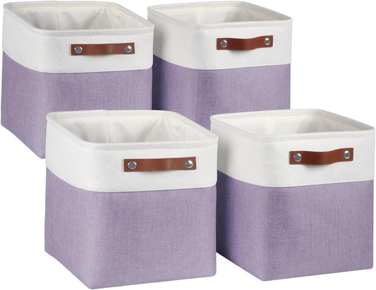 Univivi 10.5 Inch Fabric Cube Bins with Hard Bottom, 4 Pack Storage Baskets with PU Handles for