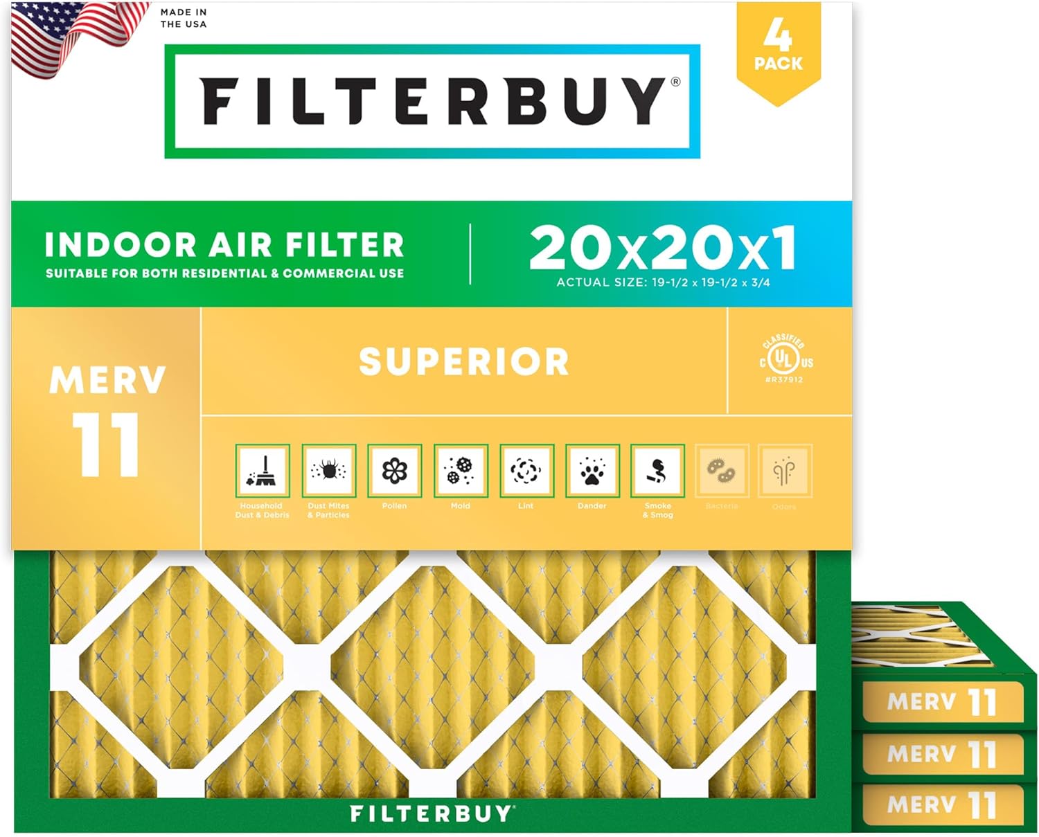 Filterbuy 20x20x1 Air Filter MERV 11 (MPR 1200) Allergen Defense Replacement (4-Pack)