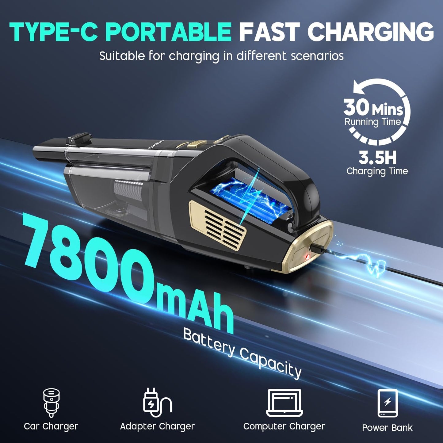 Handheld Vacuum Cordless, 15000PA Strong Suction Hand Held Car Vacuum Cleaner Portable with