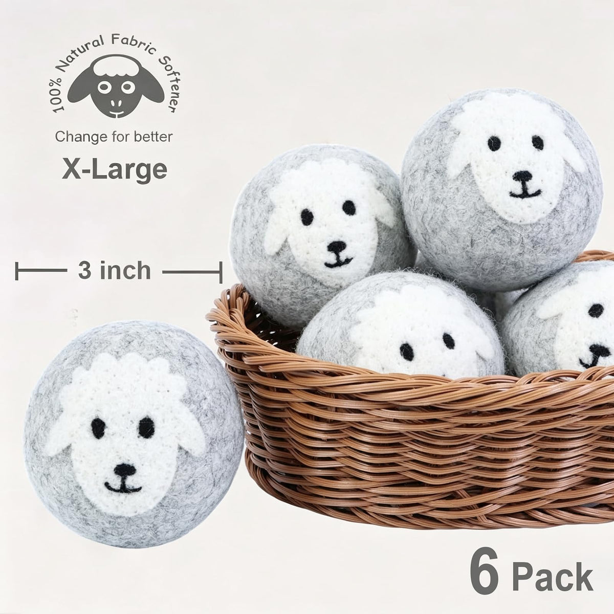 Budieggs Wool Dryer Balls XL 6-Pack, 100% New Zealand Wool Handmade