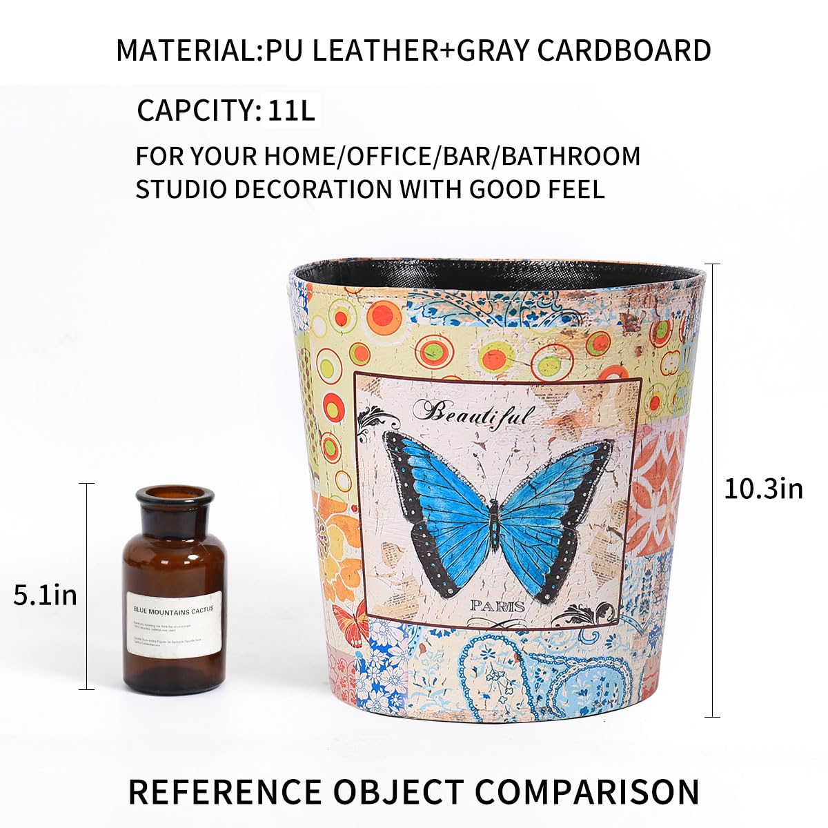 PU Leather Small Trash Can Wastebasket, Round Garbage Container Basket for Bathrooms, Laundry Room
